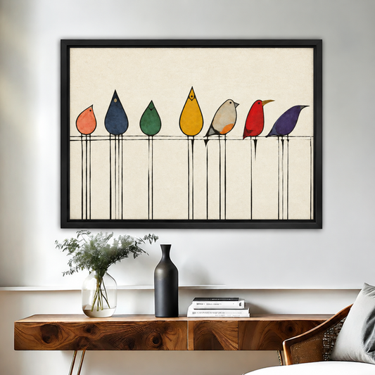 Minimalist colorful birds canvas wall art in a black frame shows seven bright birds perched along a wire.