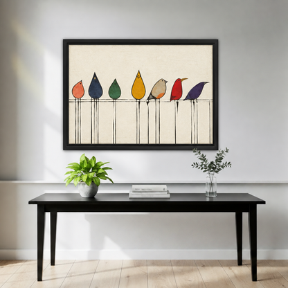 Framed minimalist colorful birds canvas wall art decorates a bright living room wall above a console table.