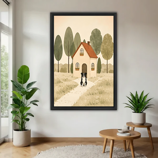 Minimalist cottage and border collie canvas wall art displayed unframed on a bright living room wall