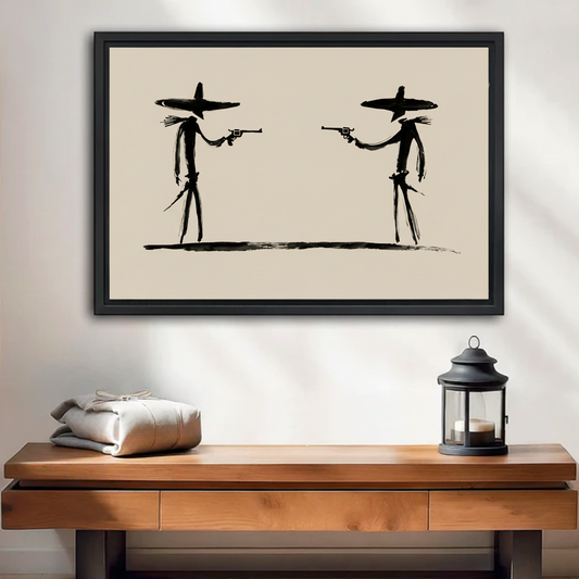 Minimalist ink drawing two sombrero cowboys in western duel standoff framed wall art above wooden console table, bold black and white western canvas for entryway