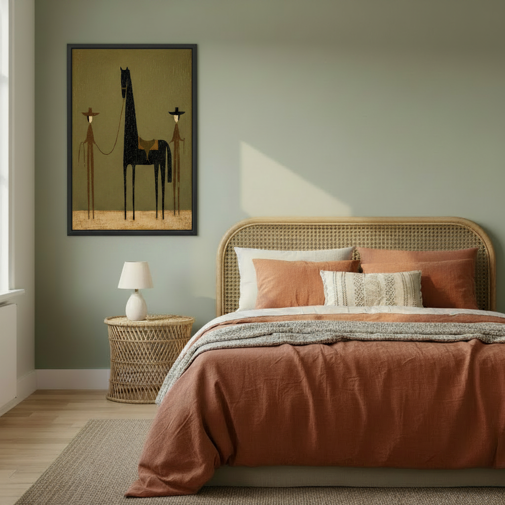Minimalist cowboy and horse canvas wall art in cozy bedroom – western folk art olive green print