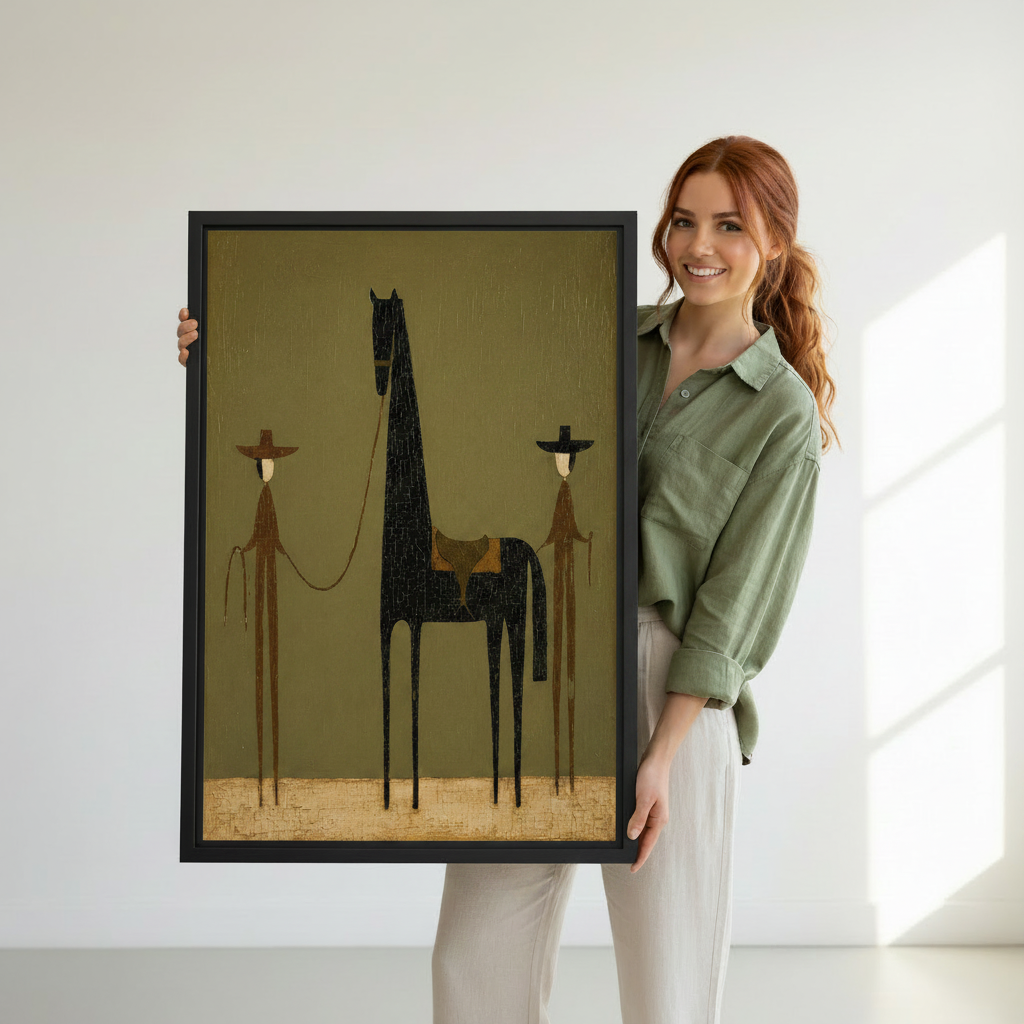 Woman holding minimalist cowboy and horse framed canvas wall art – western folk art olive green print
