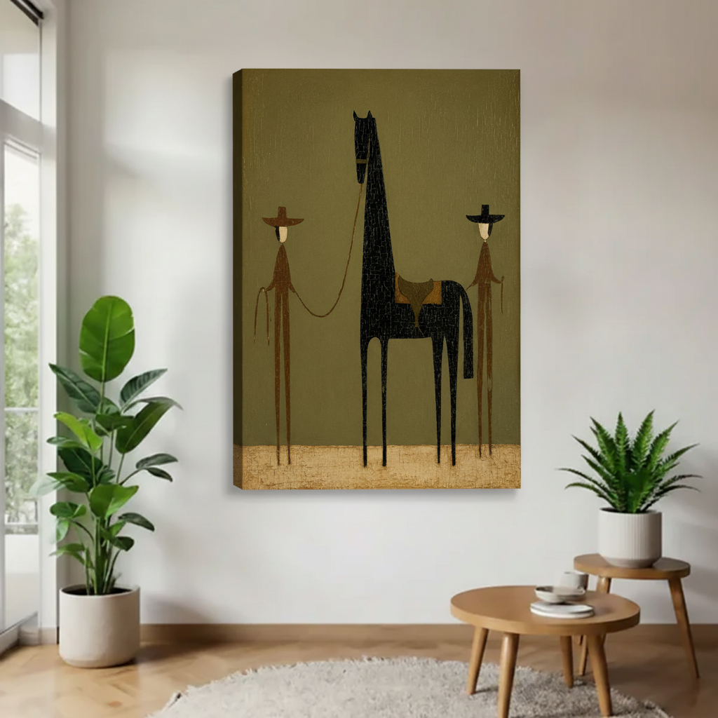 Minimalist cowboy and horse canvas art print unframed – whimsical western folk art wall decor for home
