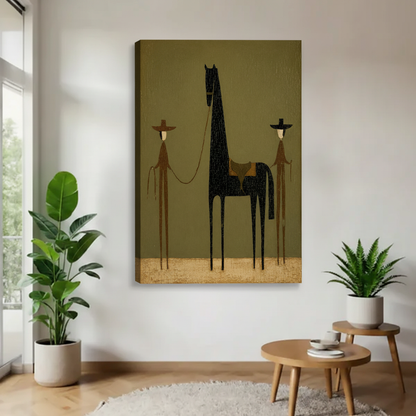 Minimalist cowboy and horse canvas art print unframed – whimsical western folk art wall decor for home