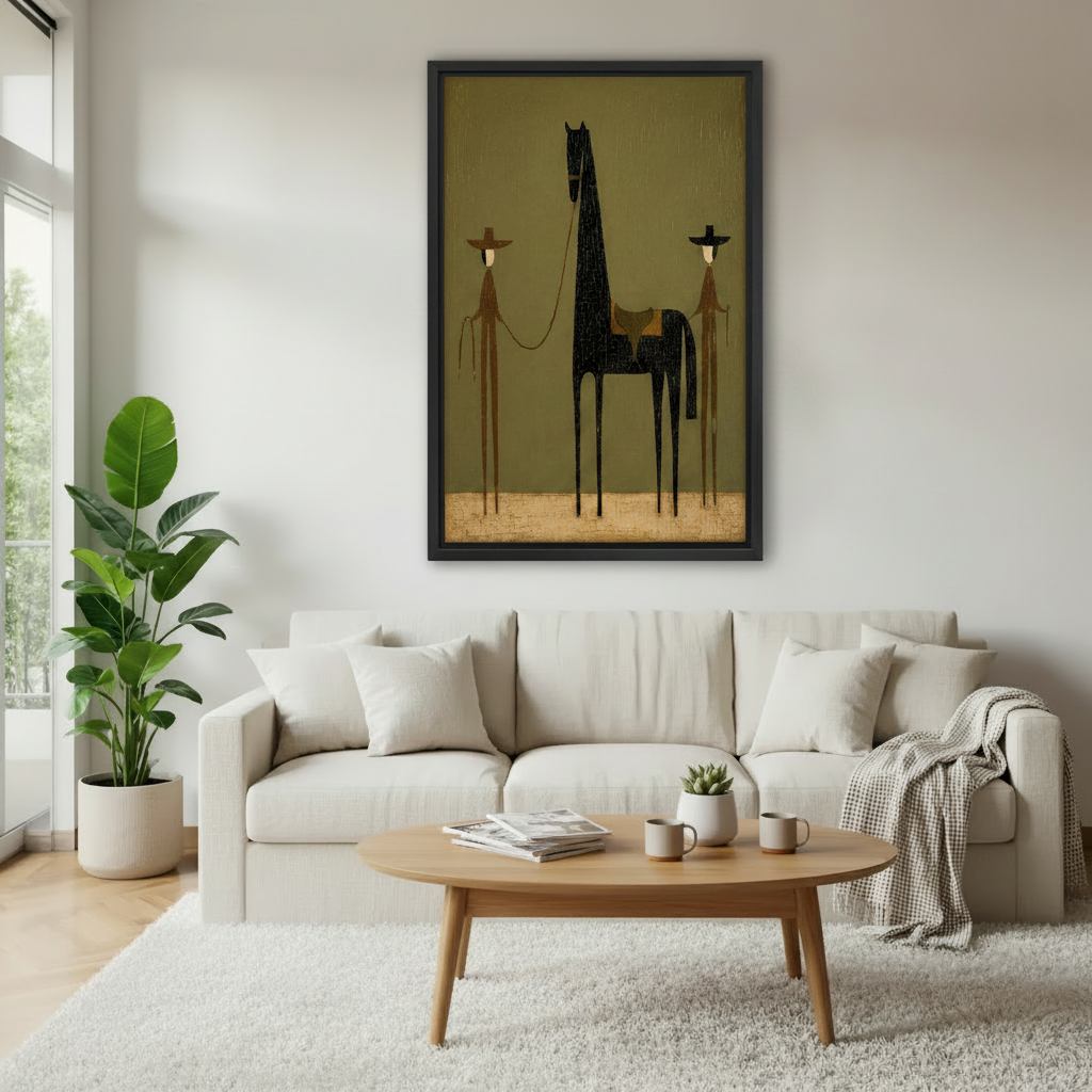 Minimalist cowboy and horse framed canvas wall art in modern living room – whimsical western folk art home decor