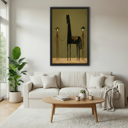 Minimalist cowboy and horse framed canvas wall art in modern living room – whimsical western folk art home decor