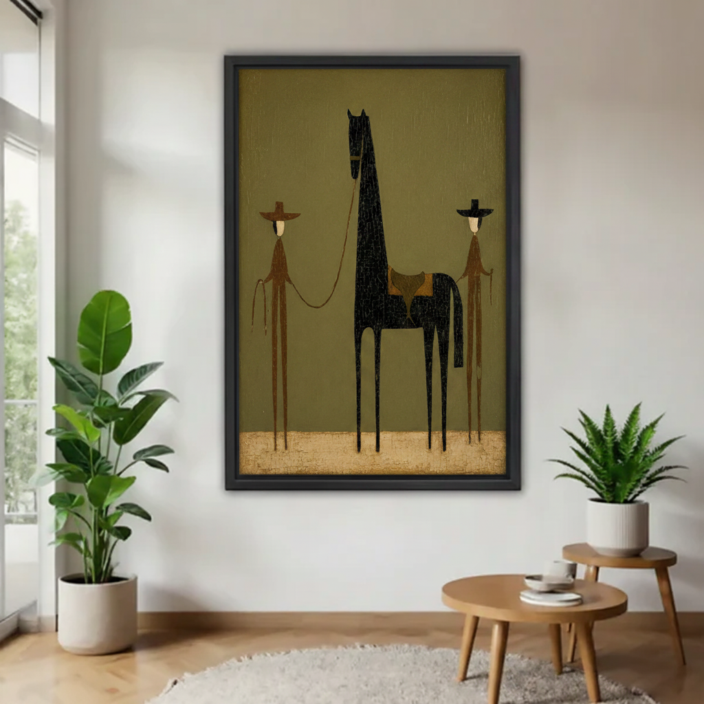 Minimalist cowboy and horse framed canvas wall art – whimsical western folk art on olive green background
