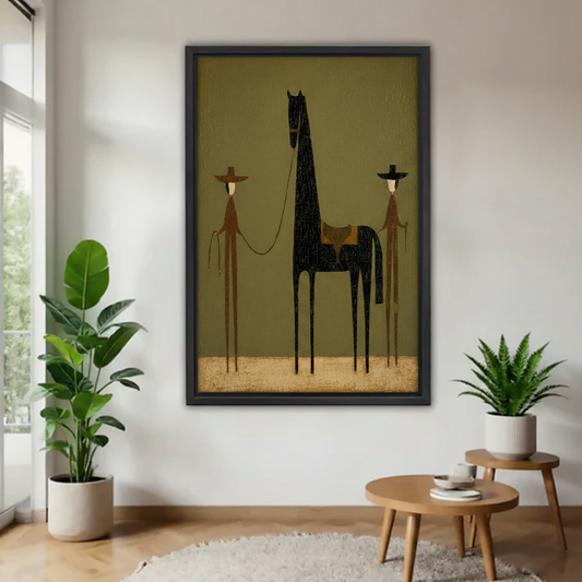 Minimalist cowboy and horse framed canvas wall art – whimsical western folk art on olive green background
