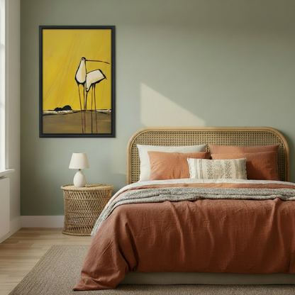 Minimalist crane canvas wall art in black frame displayed above a rattan bed in a warm bedroom