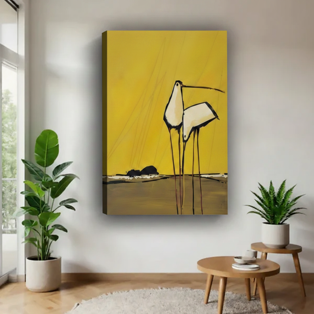 Gallery wrap crane canvas art with bold line drawing mounted on white wall beside indoor plants