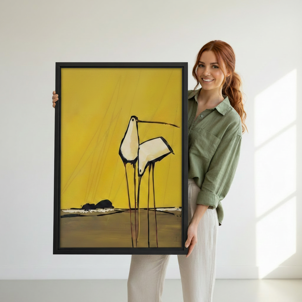 Woman holding large framed minimalist crane wall art to show print size and scale reference