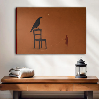 Unframed gallery-wrap canvas of minimalist crow on chair with figure silhouette, shown above a wooden entryway console table