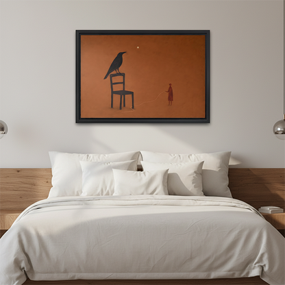 Minimalist crow and figure framed canvas wall art hung above a white bed, adding moody terracotta warmth to bedroom decor