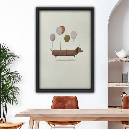 Minimalist dachshund with balloons framed canvas wall art hanging in modern dining room