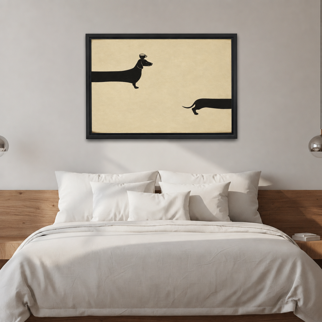 Framed minimalist dachshund canvas wall art with black silhouettes displayed above a bed.