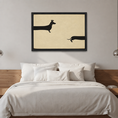 Framed minimalist dachshund canvas wall art with black silhouettes displayed above a bed.
