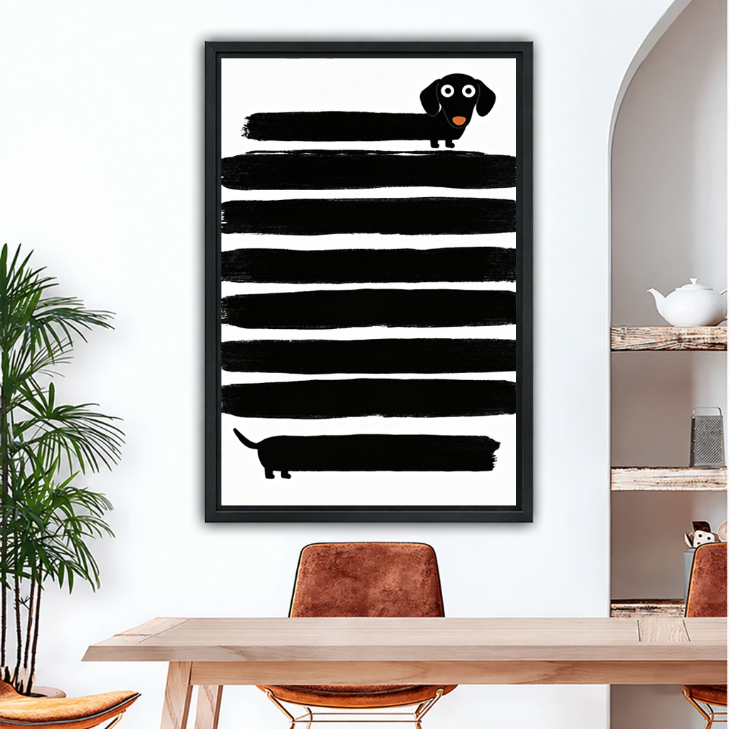 Framed minimalist dachshund canvas wall art with black brushstroke stripes displayed above a dining table.
