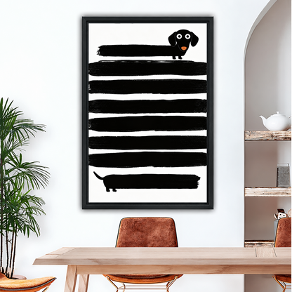 Framed minimalist dachshund canvas wall art with black brushstroke stripes displayed above a dining table.