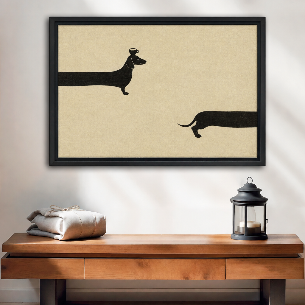 Framed minimalist dachshund canvas wall art with black dog silhouettes displayed above a wooden console.