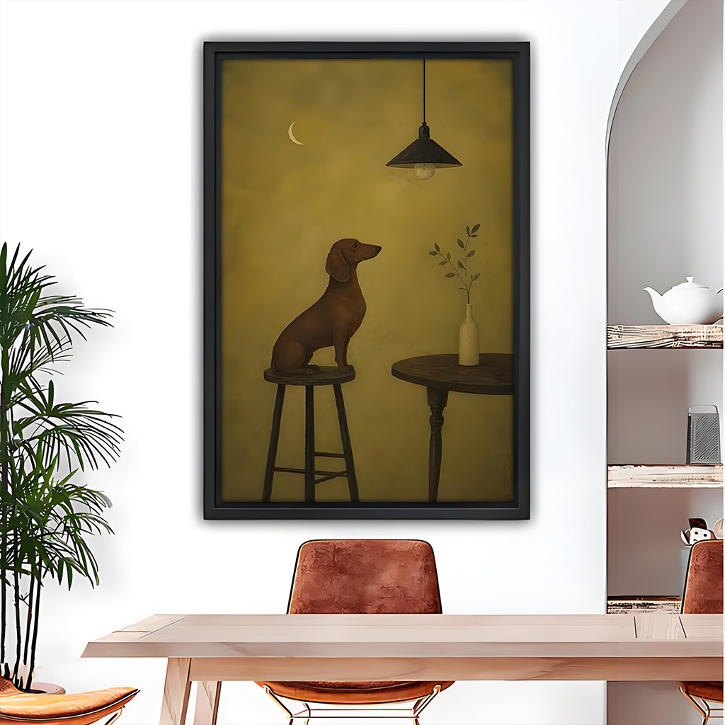 Framed minimalist dachshund canvas wall art displayed above a wooden dining table with leather chairs.