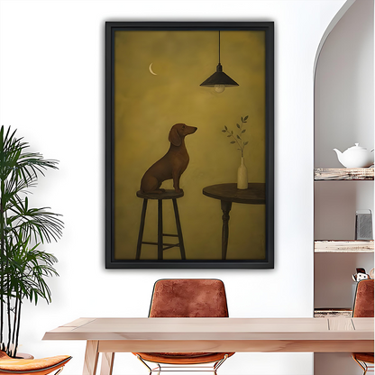 Framed minimalist dachshund canvas wall art displayed above a wooden dining table with leather chairs.