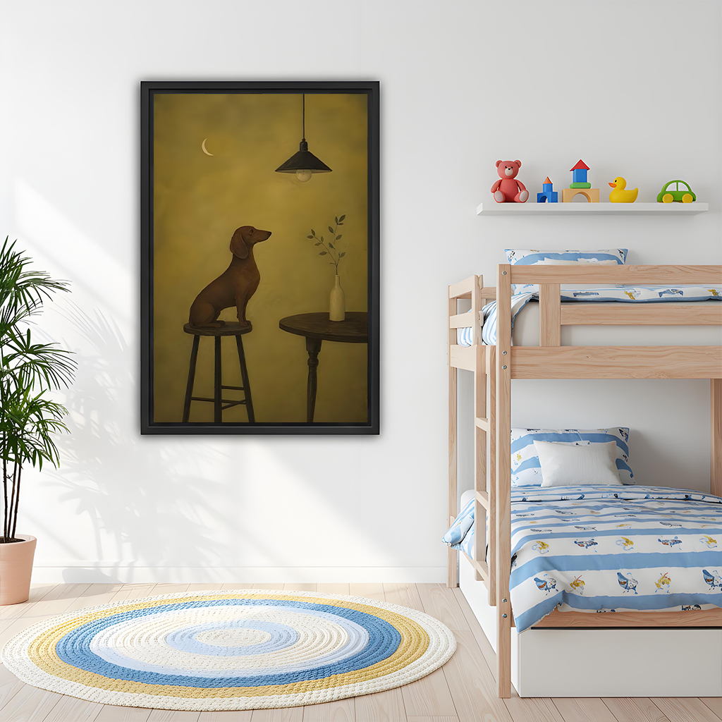 Framed minimalist dachshund canvas wall art hanging above a bunk bed in a kids bedroom.