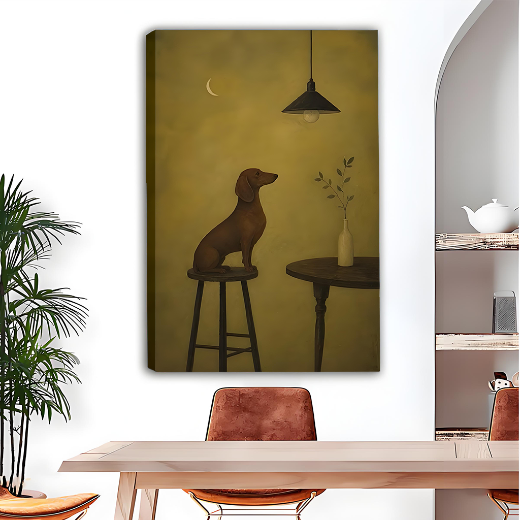 Gallery-wrap minimalist dachshund canvas wall art showing a dachshund gazing at a lit pendant lamp and crescent moon.
