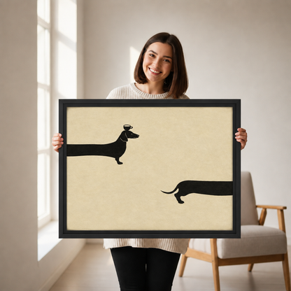 Woman holding framed minimalist dachshund canvas wall art to show its scale.