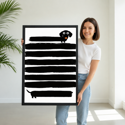 Woman holding framed minimalist dachshund canvas wall art to show its scale.