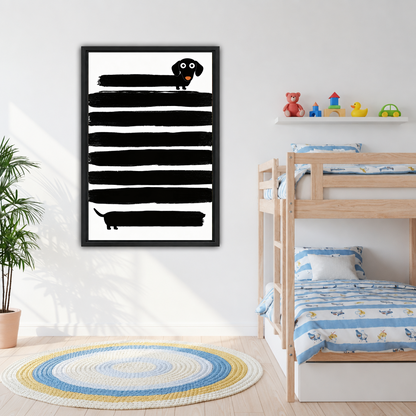 Framed minimalist dachshund canvas wall art displayed beside a bunk bed in a kids' bedroom.