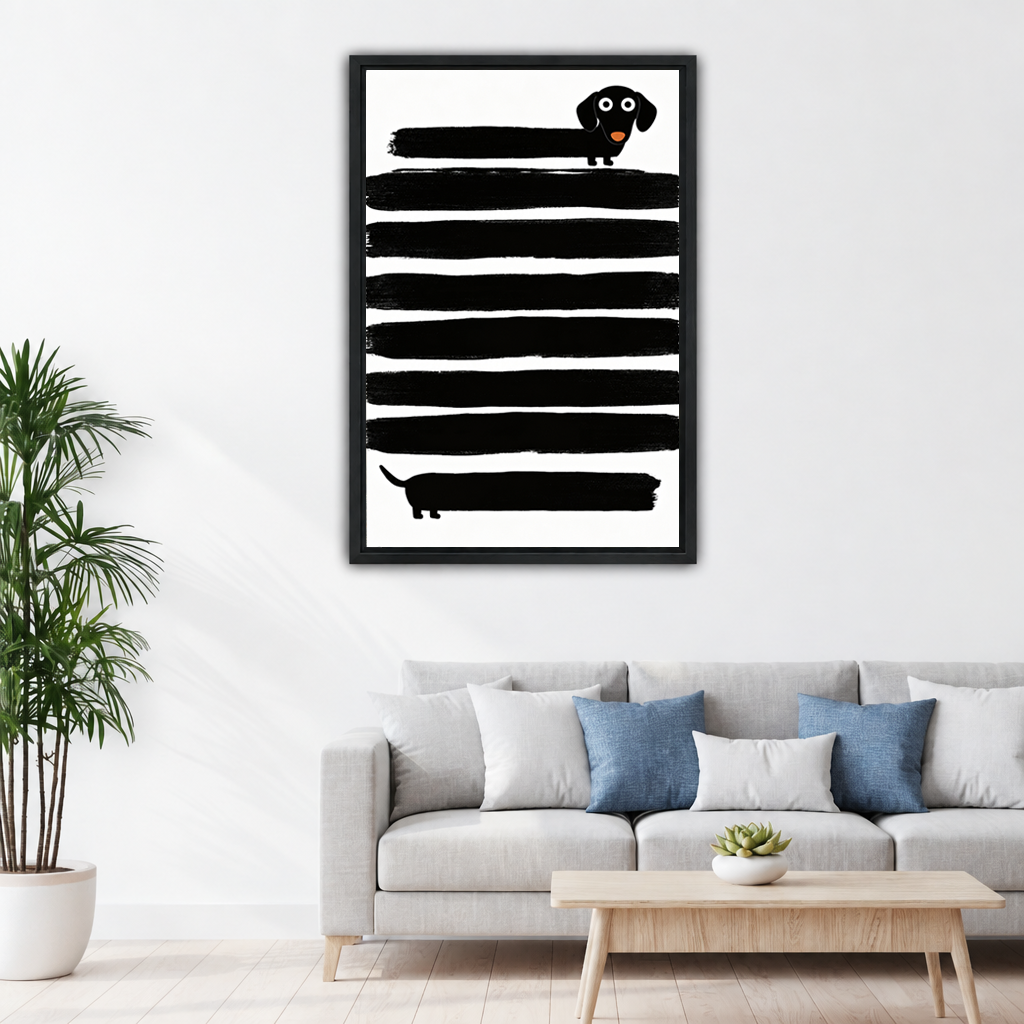 Framed minimalist dachshund canvas wall art with bold black stripes displayed above a living room sofa