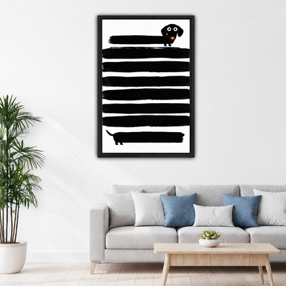 Framed minimalist dachshund canvas wall art with bold black stripes displayed above a living room sofa