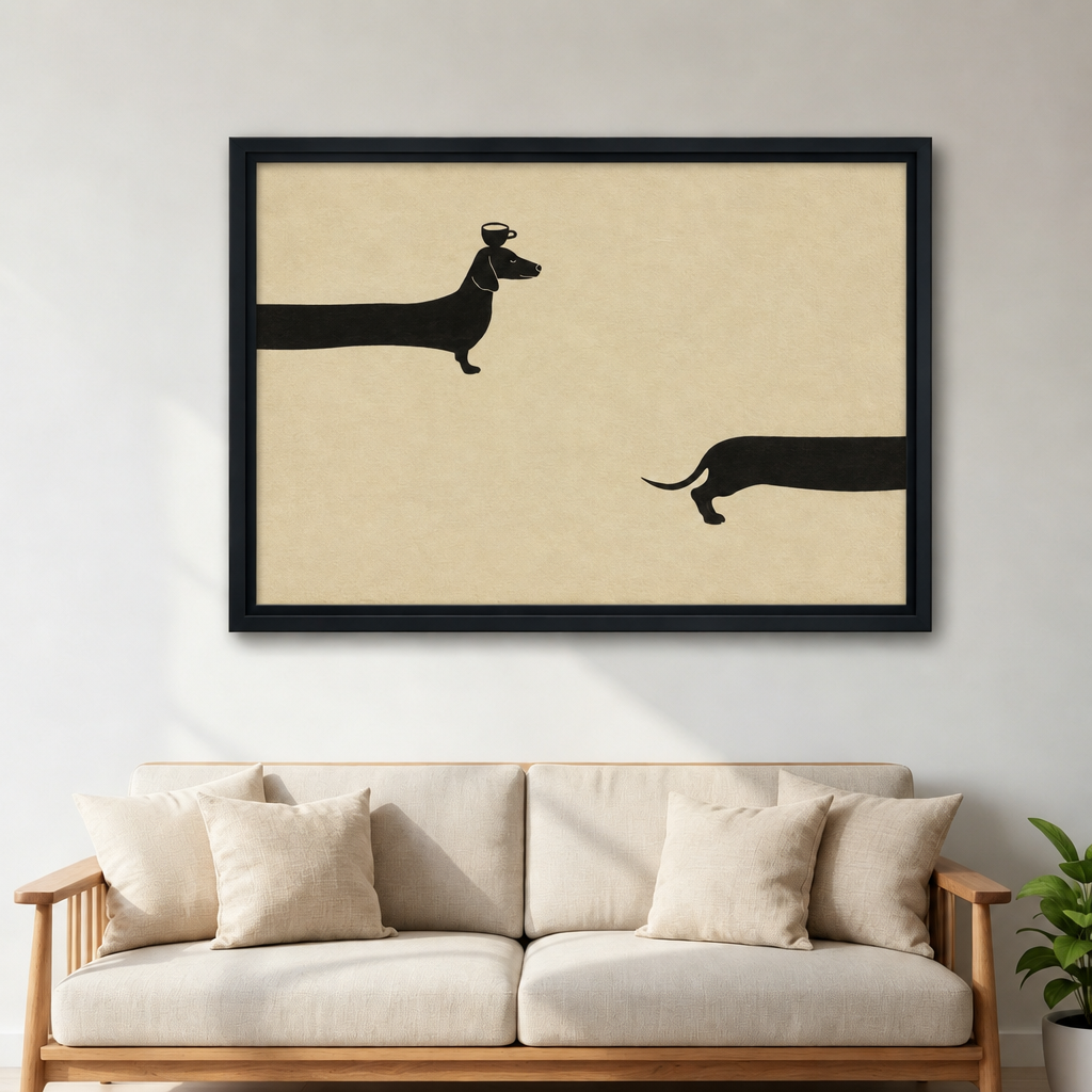 Framed minimalist dachshund canvas wall art displayed above a light-colored living room sofa.