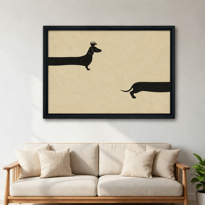 Framed minimalist dachshund canvas wall art displayed above a light-colored living room sofa.