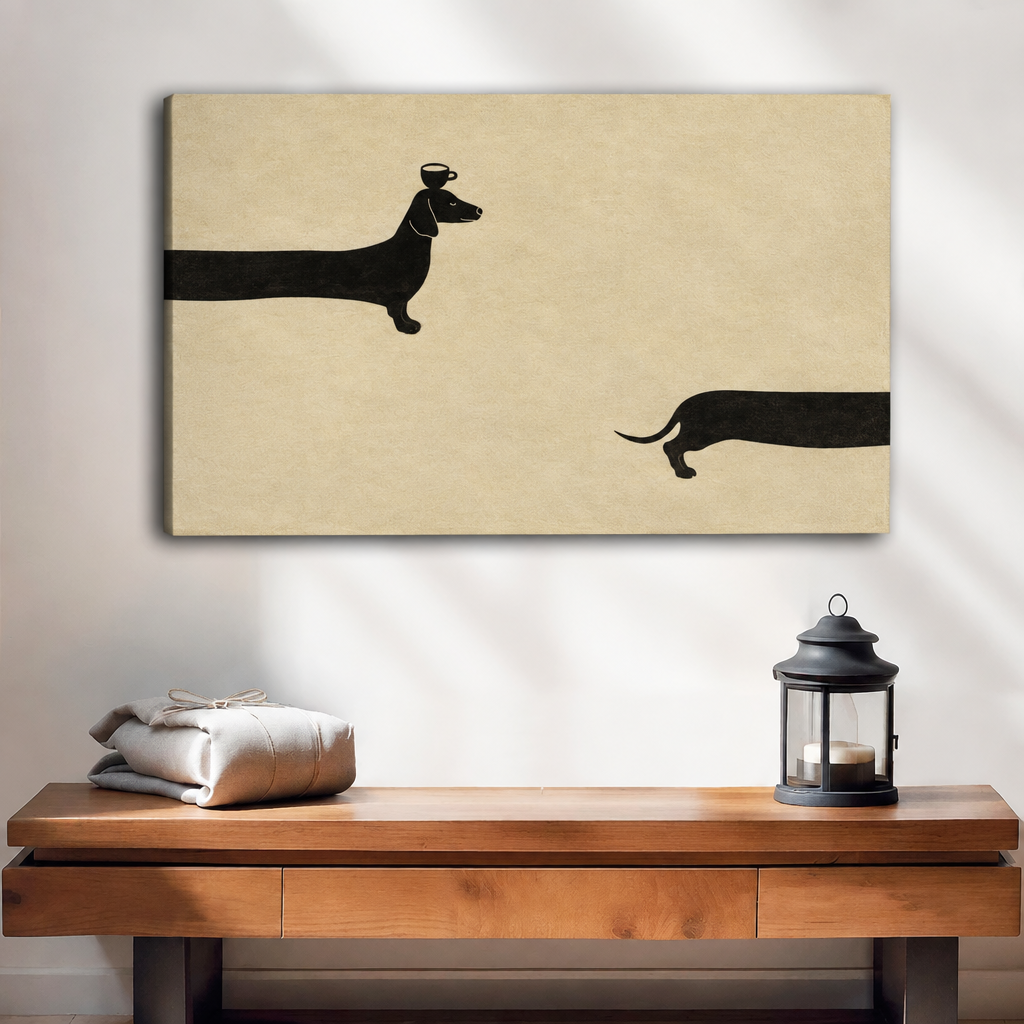 Unframed minimalist dachshund canvas wall art with black dog silhouettes displayed above a wooden console.
