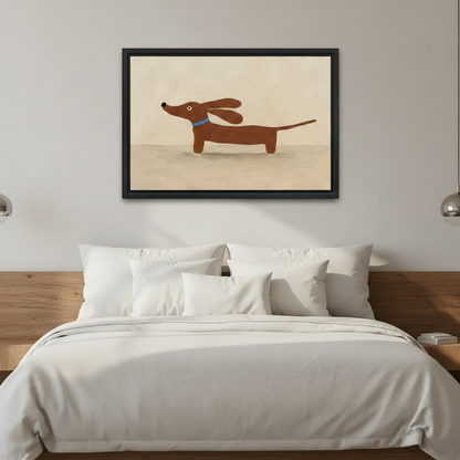 Minimalist dachshund framed canvas art with beige background hung above a white bedding bed with wooden headboard in a modern bedroom