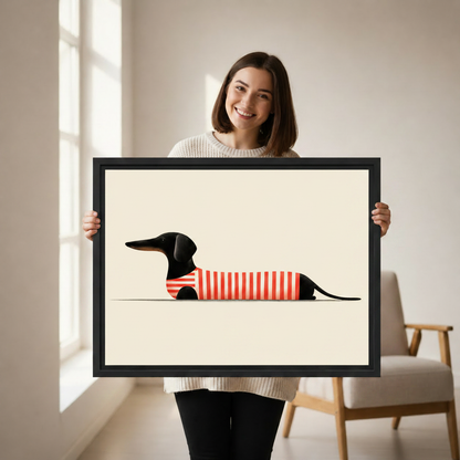 Smiling woman holding minimalist dachshund striped sweater framed canvas art showing size reference