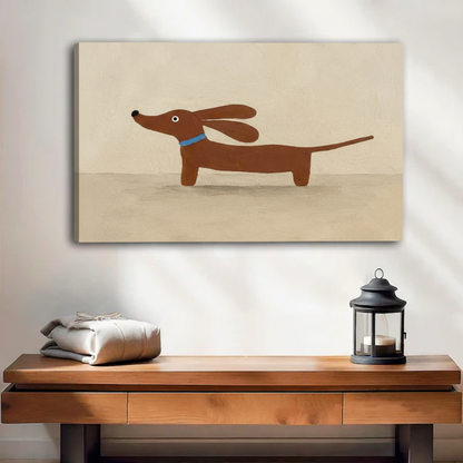 Gallery wrap canvas of a minimalist dachshund illustration with blue collar, displayed frameless above a rustic wooden console table