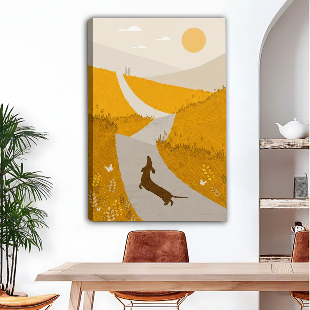 Minimalist dachshund golden fields canvas art print with visible wrap edges hung in bright dining room
