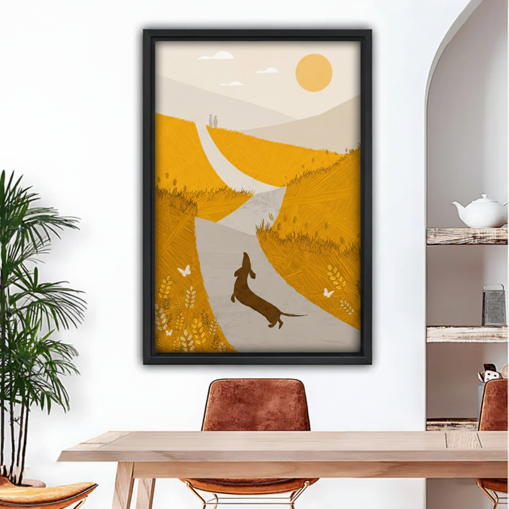Minimalist dachshund running through golden wheat fields framed canvas wall art displayed in modern dining room