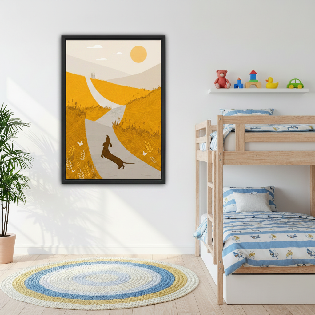 Minimalist dachshund golden fields framed canvas wall art above bunk bed in cheerful kids bedroom
