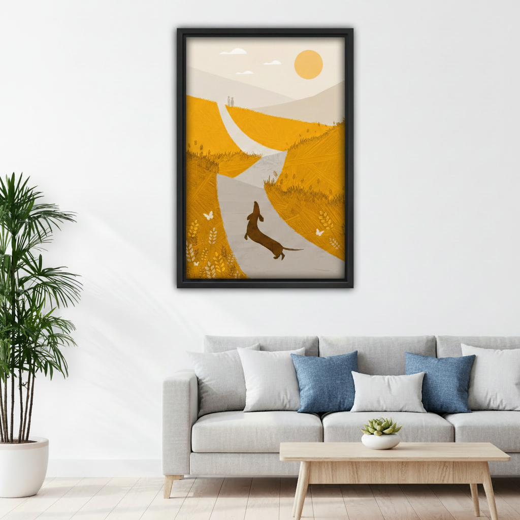 Minimalist dachshund running through golden fields framed wall art above grey sofa in modern living room