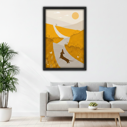 Minimalist dachshund running through golden fields framed wall art above grey sofa in modern living room