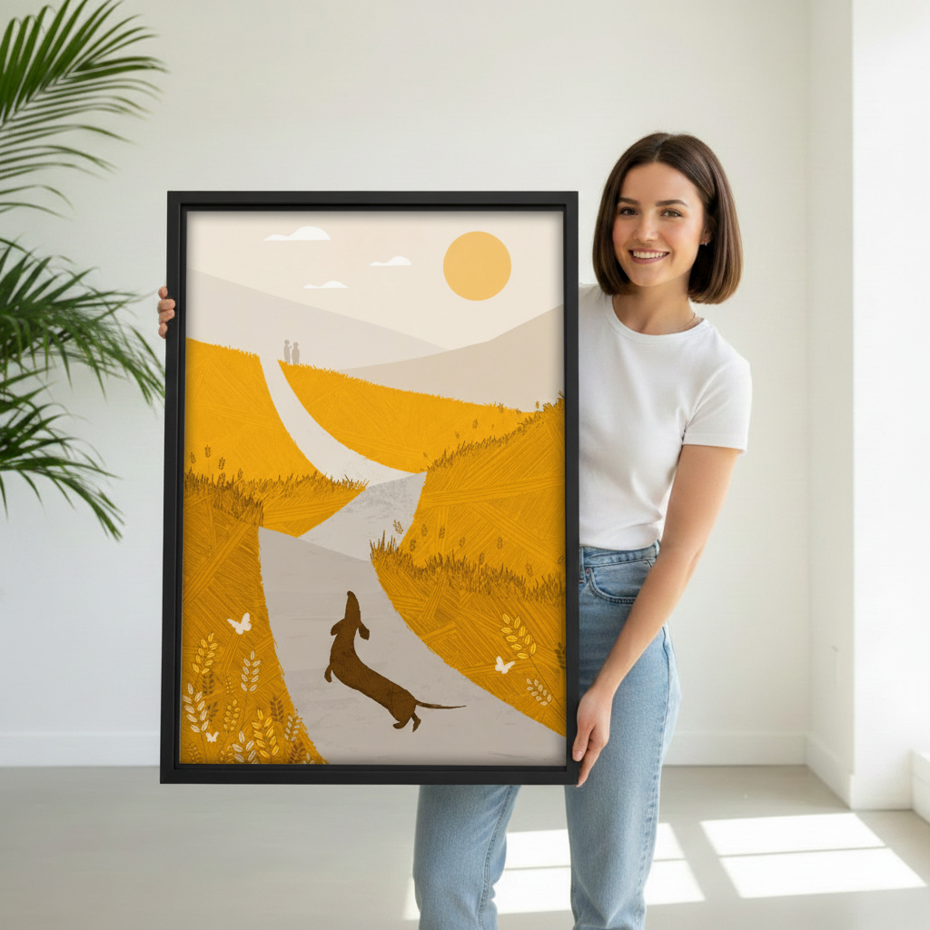 Smiling woman holding minimalist dachshund golden wheat fields framed canvas art showing size reference