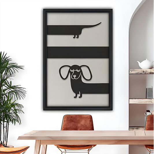  Minimalist black and white dachshund silhouette framed wall art with stripe background, above wooden dining table
