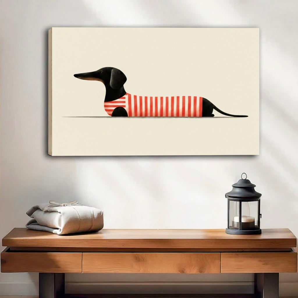 Minimalist black dachshund wearing red striped sweater canvas art print on cream background