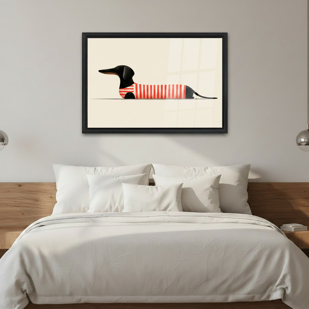 Charming minimalist dachshund framed canvas art above bed as whimsical bedroom wall decor