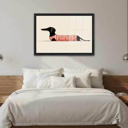 Charming minimalist dachshund framed canvas art above bed as whimsical bedroom wall decor