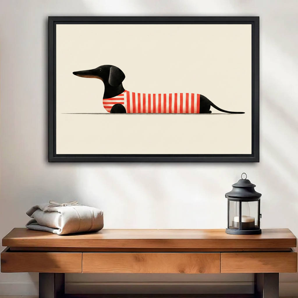 Minimalist dachshund in red striped sweater framed canvas wall art displayed above wooden console table