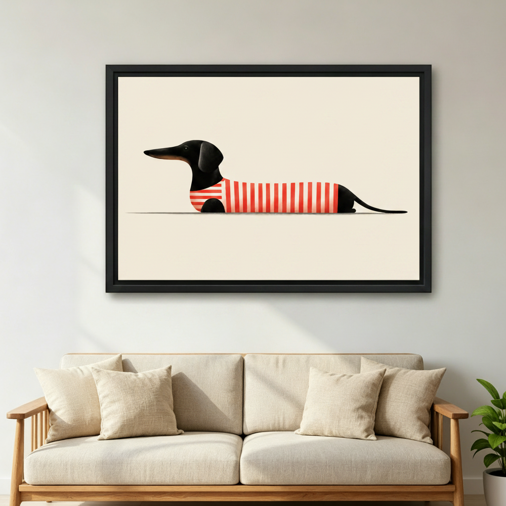 Minimalist dachshund in striped sweater framed wall art hanging above sofa in modern living room